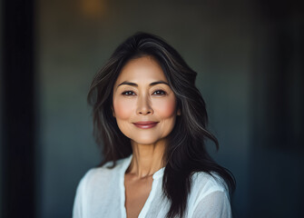 A confident woman smiling softly, radiating warmth and positivity.