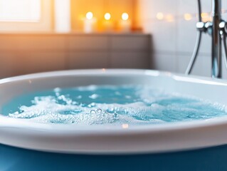 Relaxing bubble bath in a cozy bathroom with candles glowing in the background