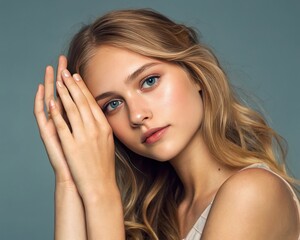 Obraz premium a close-up portrait of a young woman with long blonde hair and blue eyes. She is looking directly at the camera with a serene expression and her hands resting gently on her face