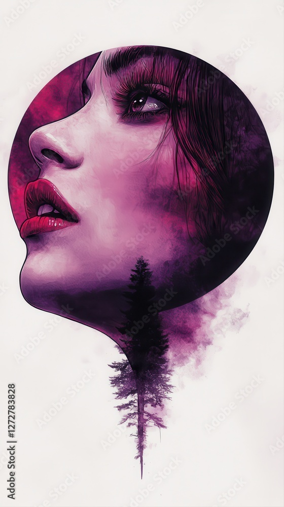 Aufkleber portrait of a woman with a tree in the background in artistic watercolor style and soft gradient col