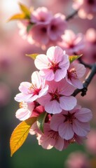 Fototapeta premium Pink cherry blossoms with some green leaves surrounding them, trees, pink cherry blossoms
