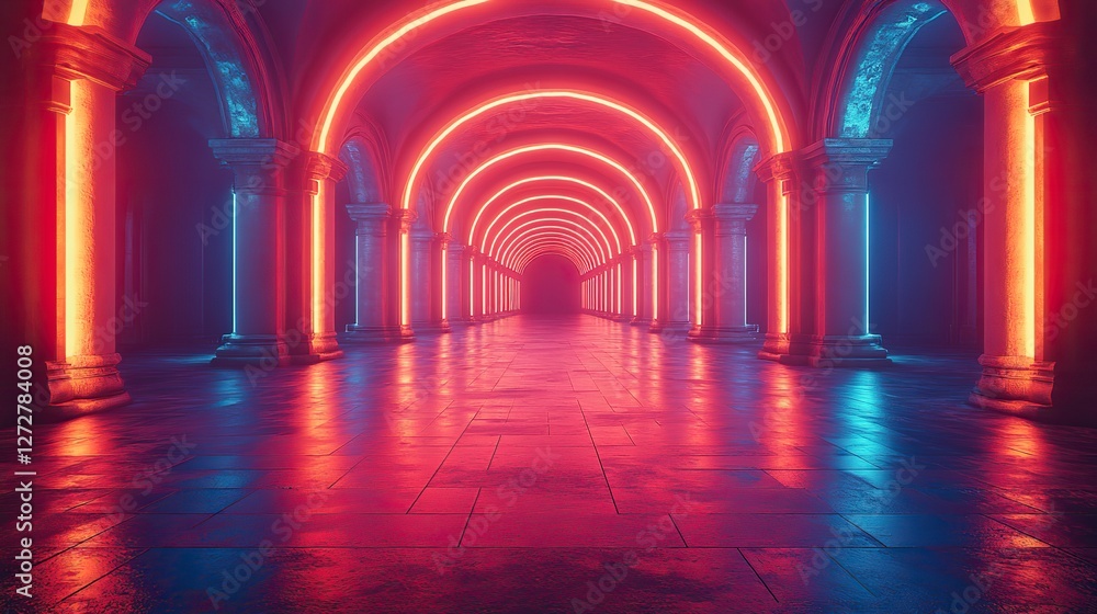 Poster 3d render of abstract neon background with glowing lines,floor reflection in dark room
