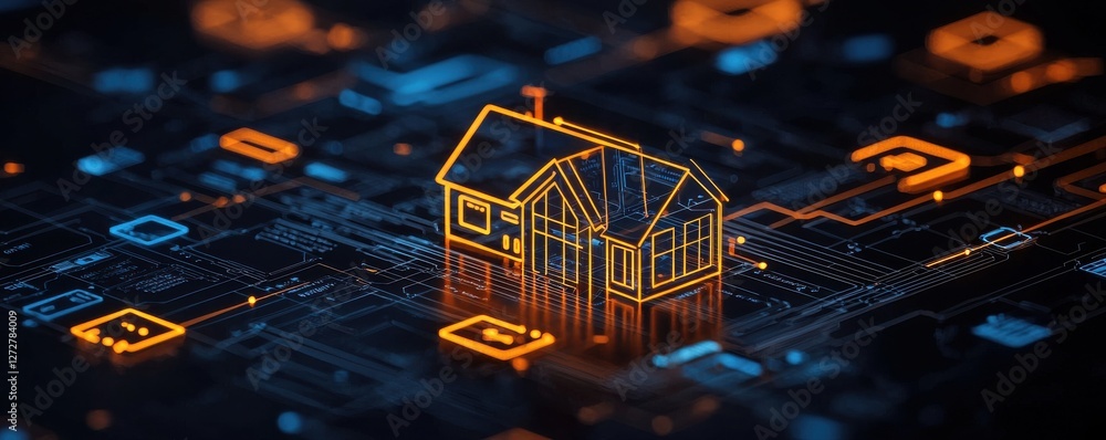 Poster enhancing smart home technology virtual environment visual art futuristic connectivity with floating