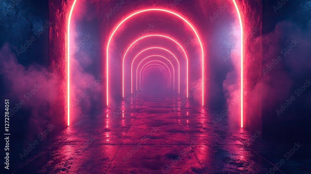 Poster 3d render of abstract neon background with glowing lines,floor reflection in dark room