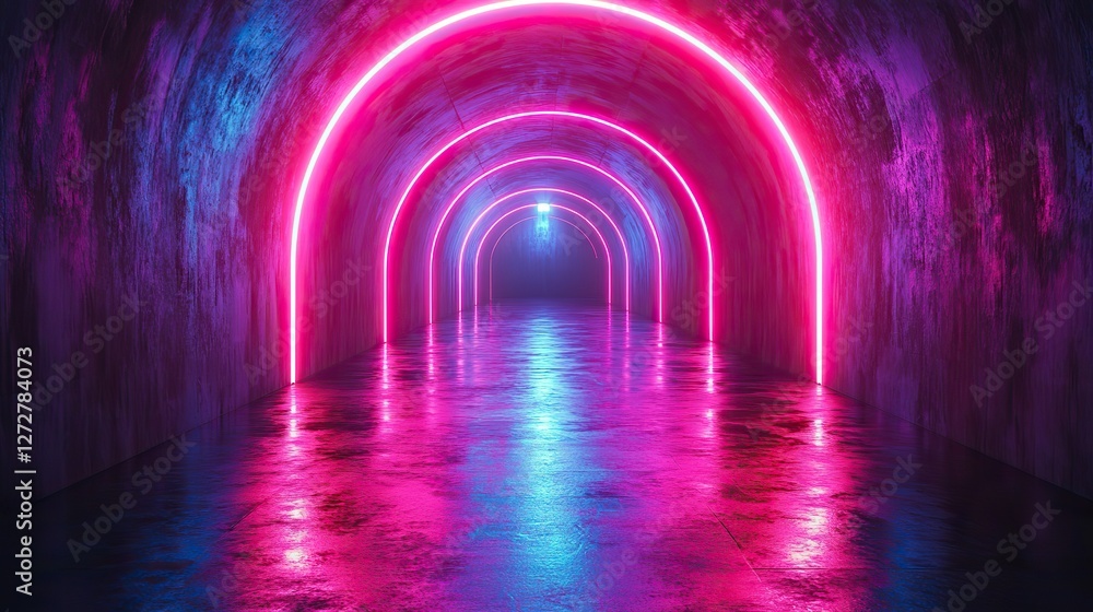 Poster 3d render of abstract neon background with glowing lines,floor reflection in dark room