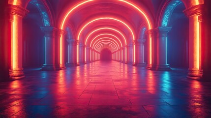 Obraz premium 3d render of abstract neon background with glowing lines,floor reflection in dark room