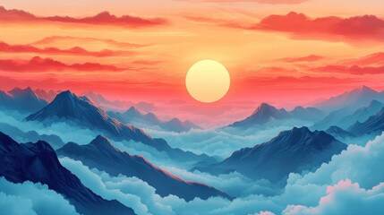 Fototapeta premium Sunset over a mountain range with vibrant gradient colors in the sky during early evening hours