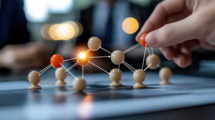 Building connections with symbolic figures represents corporate success and teamwork. image captures hand manipulating nodes, emphasizing collaboration and strategy