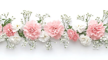 A minimalist floral border of light pink and white carnations with baby's breath, elegantly spaced along the top and bottom, blank white center for text, soft natural shadows, hd clarity,