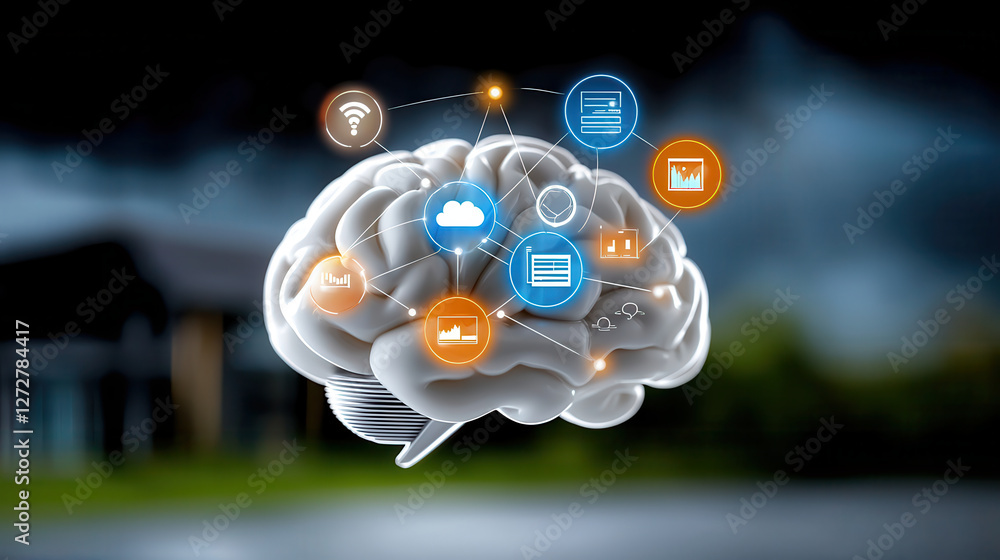 Poster floating brain with interconnected nodes representing data and technology. image conveys sense of innovation and intelligence in digital world