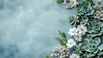 A minimalistic design featuring succulents in muted green tones paired with pure white flowers, forming a border around the edges, open center with a pale textured backdrop, soft-focus details,