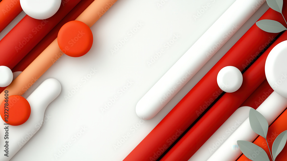 Poster Geometric pattern of red and white bars with circular shapes and leaves. This vibrant design creates modern and dynamic visual appeal, perfect for various creative projects