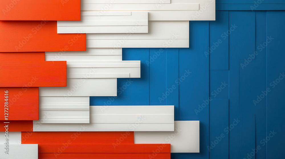 Poster vibrant wall featuring high contrast design with red, white, and blue panels, creating modern and dy