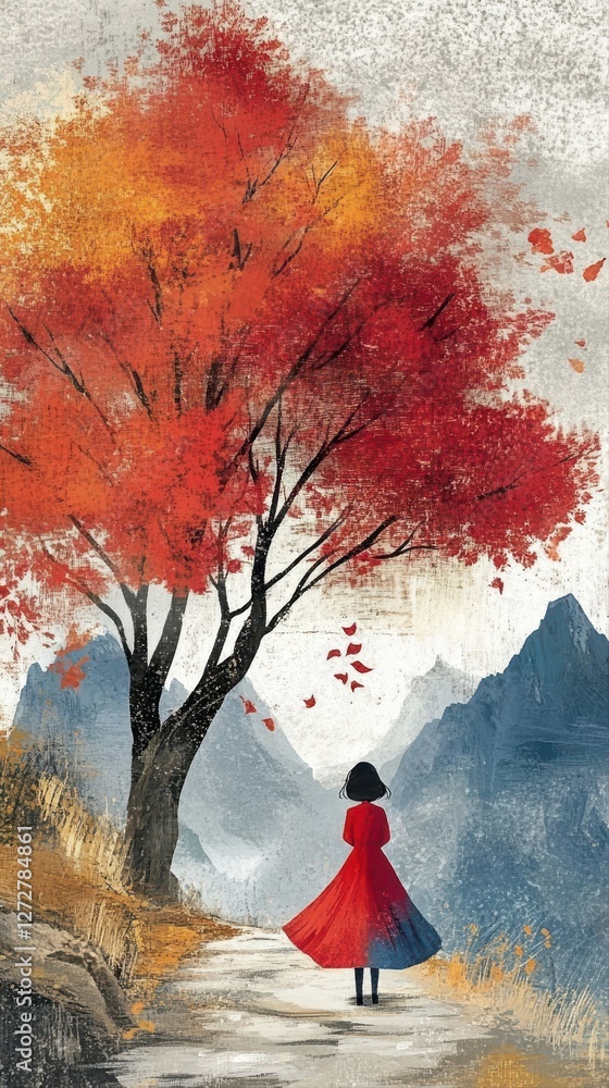 Poster woman in red cloak walking down a path with tree in background under deep gradient tones and rich co