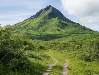 Fototapeta premium Scenic mountain landscape with a winding path through lush greenery under a clear sky
