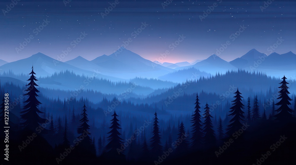 Poster night scene featuring mountains and trees with deep obsidian gradient in a dark atmospheric setting