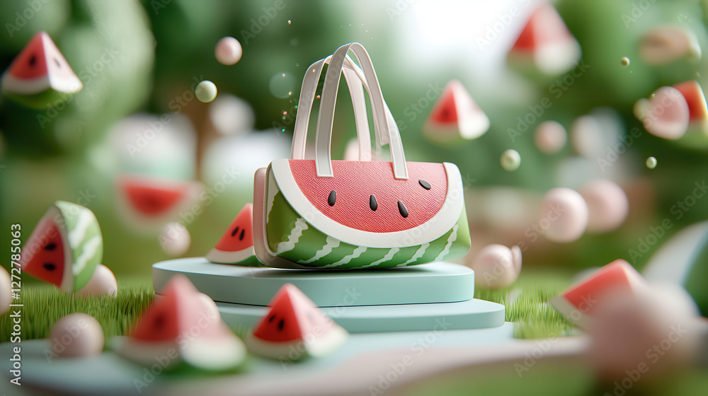 Poster modern and visually striking product rendering of watermelon themed handbag surrounded by watermelon