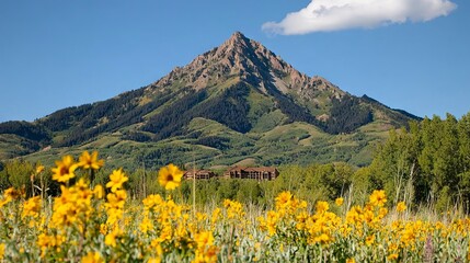 Fototapeta premium Scenic mountain view with vibrant wildflowers in the foreground under a clear sky