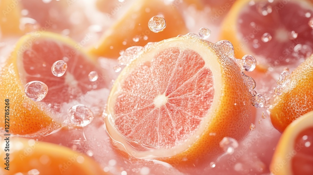 Poster close up of a grapefruit and orange on a soft creamy background with a delicate peach gradient
