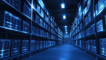 Fototapeta premium Exploring a Warehouse: Rows of Shelves Hold Glowing Data Cubes Mysteriously in the Dark, Futuristic Storage Facility with High-Tech Designs.