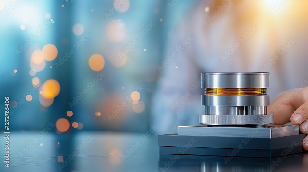 Fototapete precision engineered aluminum component is showcased on sleek surface, highlighting its intricate design and craftsmanship. blurred background adds modern touch, enhancing focus on object