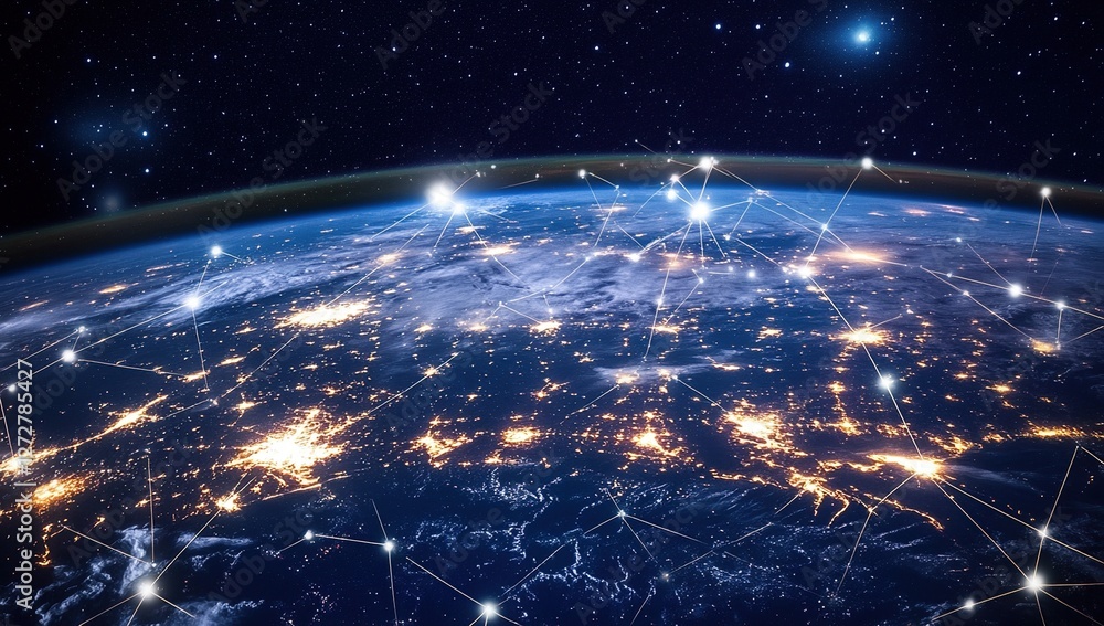 Poster global network: interconnected world, illuminating cities, night view from space, showing connection