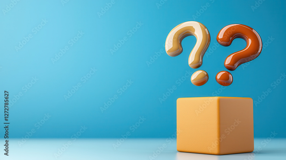 Aufkleber vibrant abstract scene featuring oversized question marks hovering above cube, symbolizing curiosity