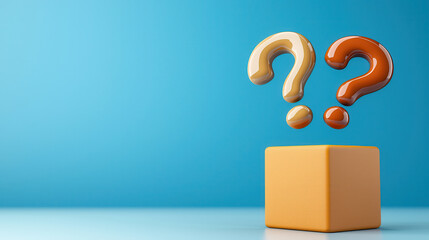 vibrant abstract scene featuring oversized question marks hovering above cube, symbolizing curiosity and inquiry. bright blue background enhances playful atmosphere