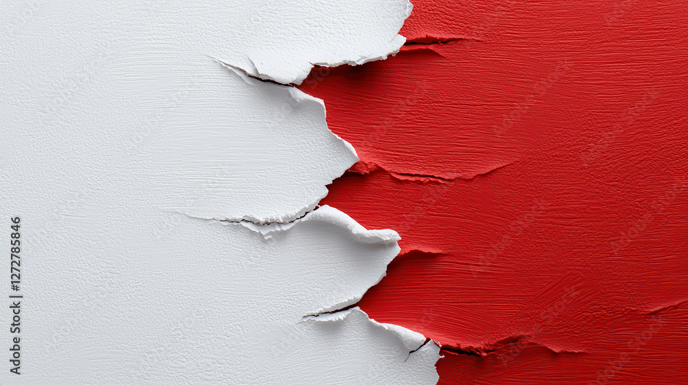 Poster Artistic red and white vertical stripe pattern with cracked texture, showcasing dynamic contrast between colors and surfaces, evoking sense of depth and creativity