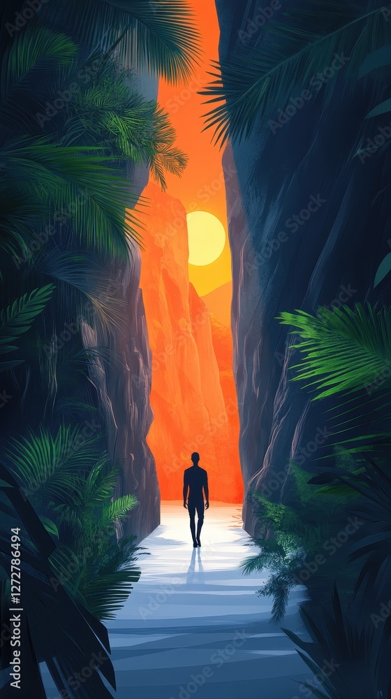 Poster man walking through narrow tunnel surrounded by two tall trees in natural landscape setting