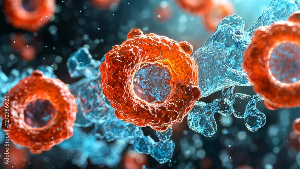 Poster exploration of red and blue cellular structures in a dynamic scientific environment