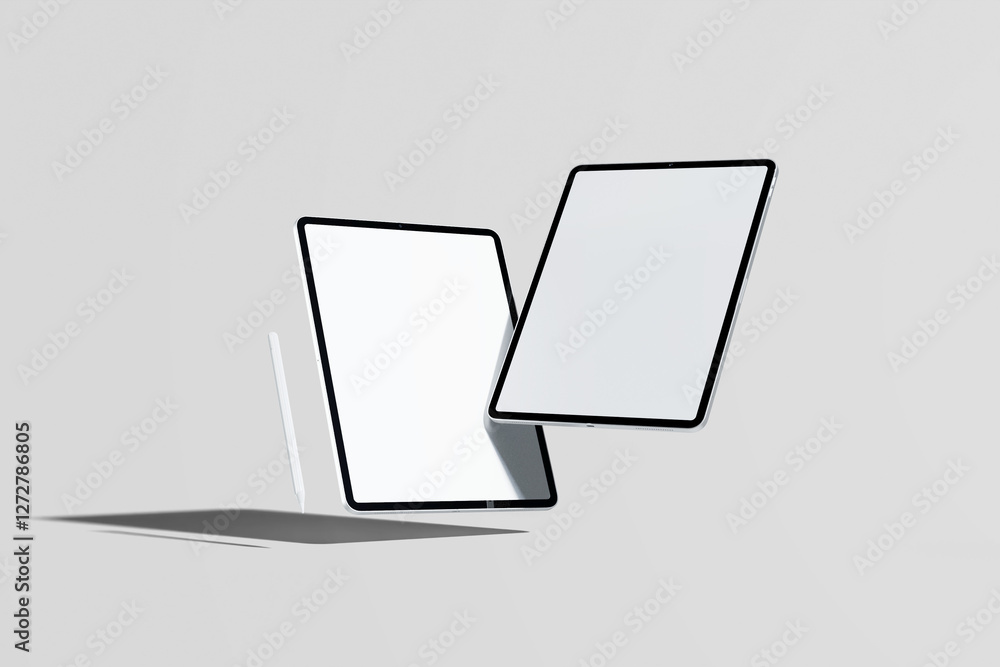 Poster empty screen tablet with pencil mock-up 3d rendering view on white background.