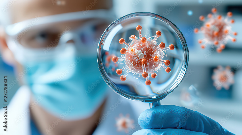 Aufkleber Scientist examining virus structure through magnifying glass, showcasing detailed molecular composition and research environment, highlighting importance of scientific discovery