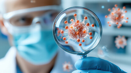 Scientist examining virus structure through magnifying glass, showcasing detailed molecular composition and research environment, highlighting importance of scientific discovery