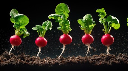 Freshly Harvested Radishes Emerging from Nutrient Rich Soil Against a Minimalist Black Background