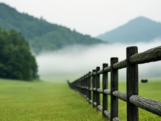 Fototapeta premium Serene countryside landscape with wooden fence and misty mountains in background