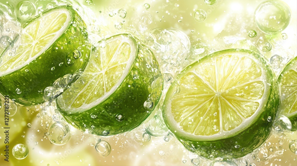Poster Fresh limes with water splash creating a vibrant and energetic visual effect on a light background