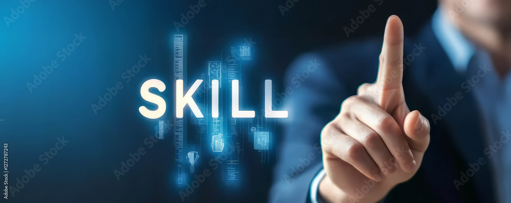 Poster skill development concept with person pointing at word skill, emphasizing personal growth and profes