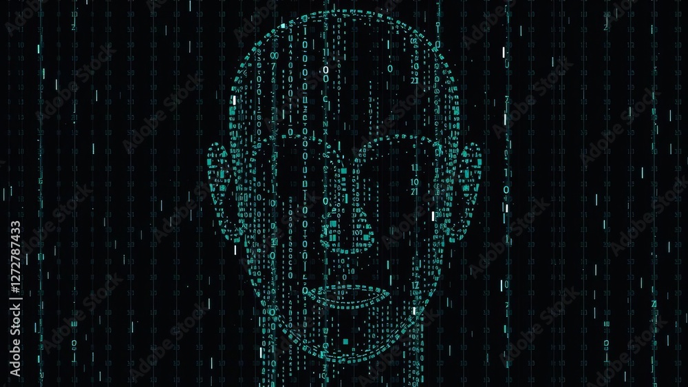 Poster digital face disintegrating into particles with pixelated effect, abstract technology concept, conce