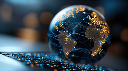 Dynamic digital earth map with modern blue lighting and glowing connections, showcasing global network. captivating representation of technology and connectivity