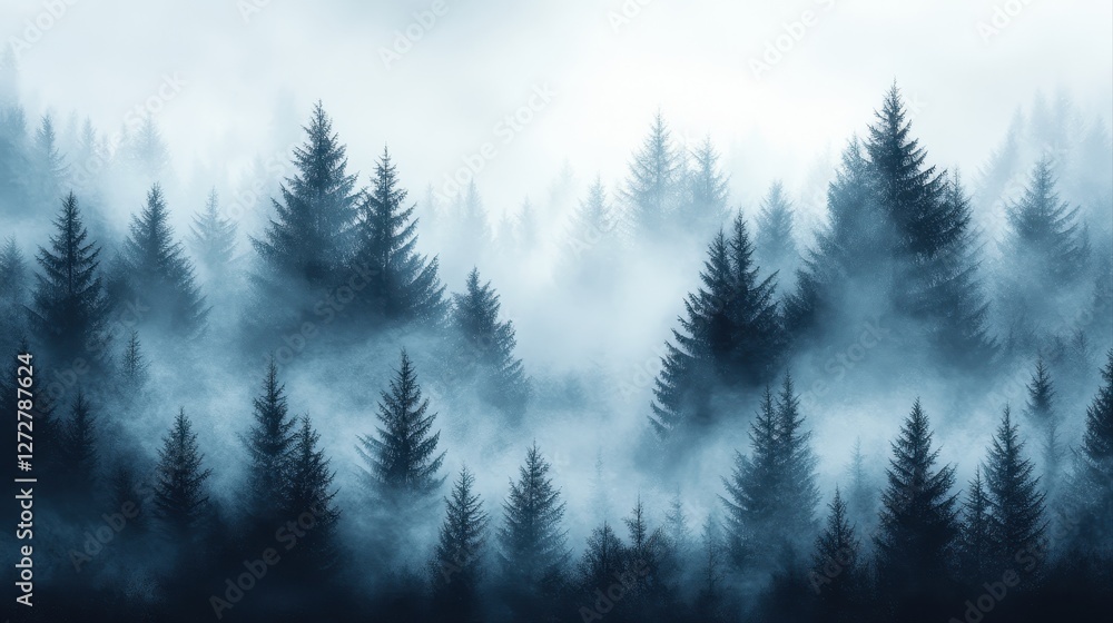 Poster foggy forest landscape with trees shrouded in mist creating a dark and moody atmosphere