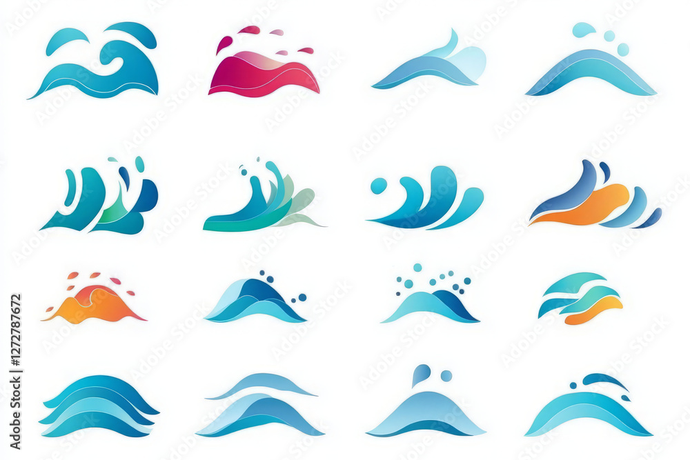 Poster stylized wave elements in various colors and shapes on white background evoke sense of movement and 