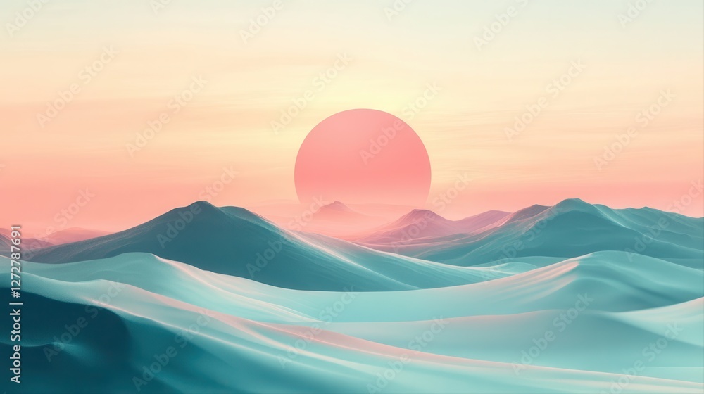 Poster sunset scene with large egg shape in the sky and smooth pastel gradient background
