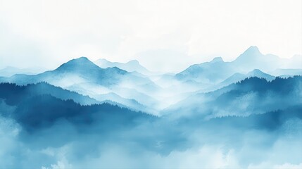 Blue and white mountain landscape with soft gradient sky in a tranquil natural setting
