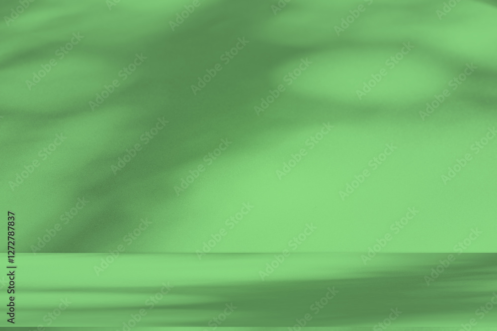 Poster Wall interior background, studio and backdrops show products. with leaf shadow from window color green and white. background for text insertion and presentation of product	