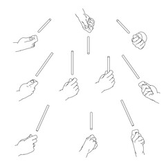 細い棒を持つ手のセット　白黒のベクターイラスト。]