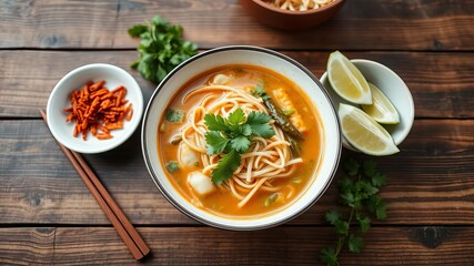 Delicious bowl of Khao Soi, a traditional Thai coconut curry noodle soup topped with crispy noodles, cilantro, and lime, cilantro, flavorful, ingredients