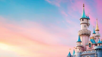 Naklejka premium Enchanting Fantasy Castle with Ornate Towers at Colorful Sunset Skyline