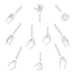 細い棒を持つ手のセット　白黒のベクターイラスト。