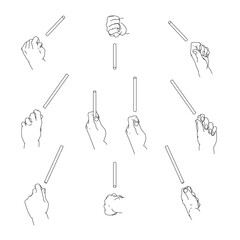 細い棒を持つ手のセット　白黒のベクターイラスト。